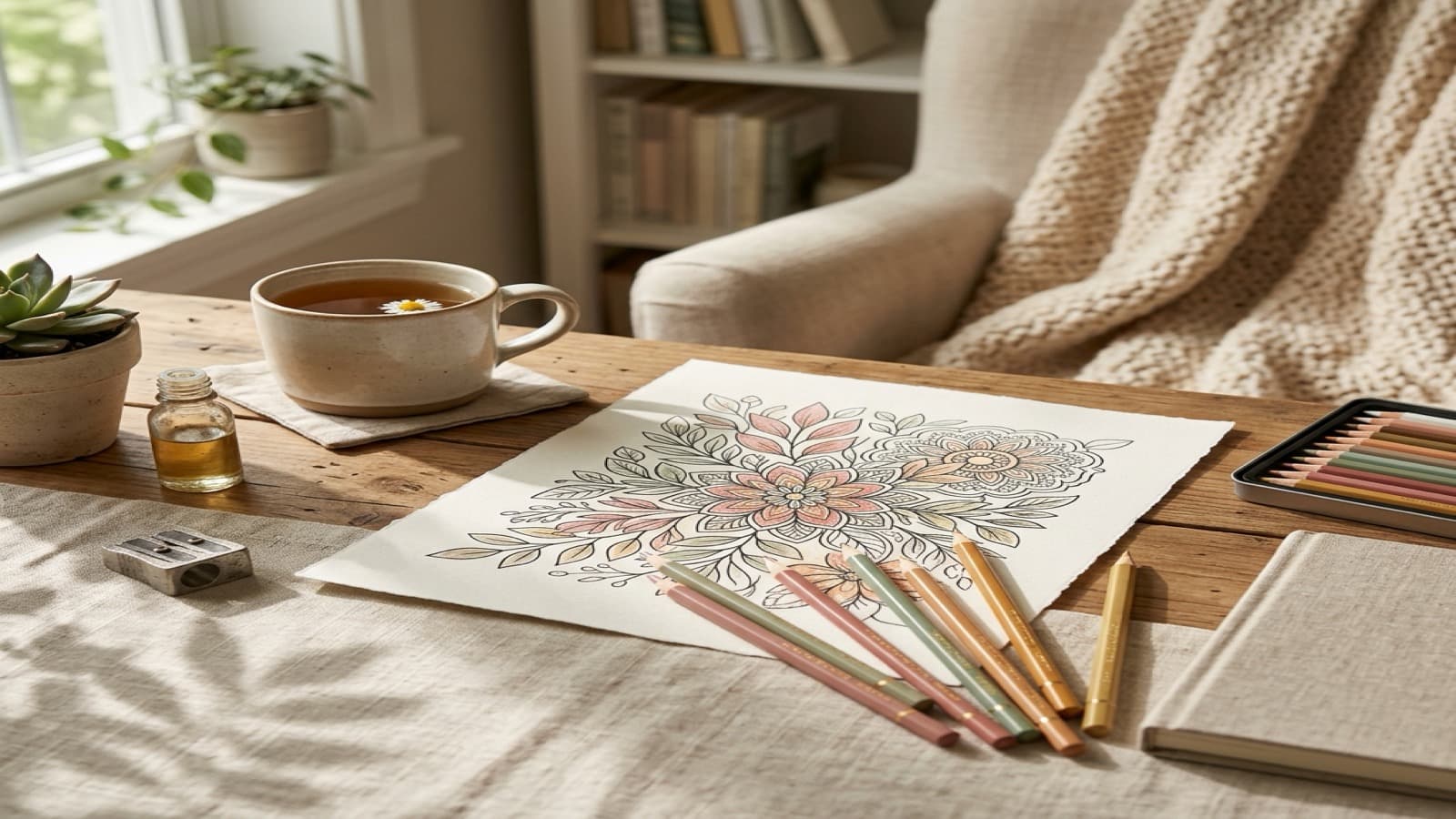 A 20-Minute Coloring Routine for Stress Relief cozy coloring setup