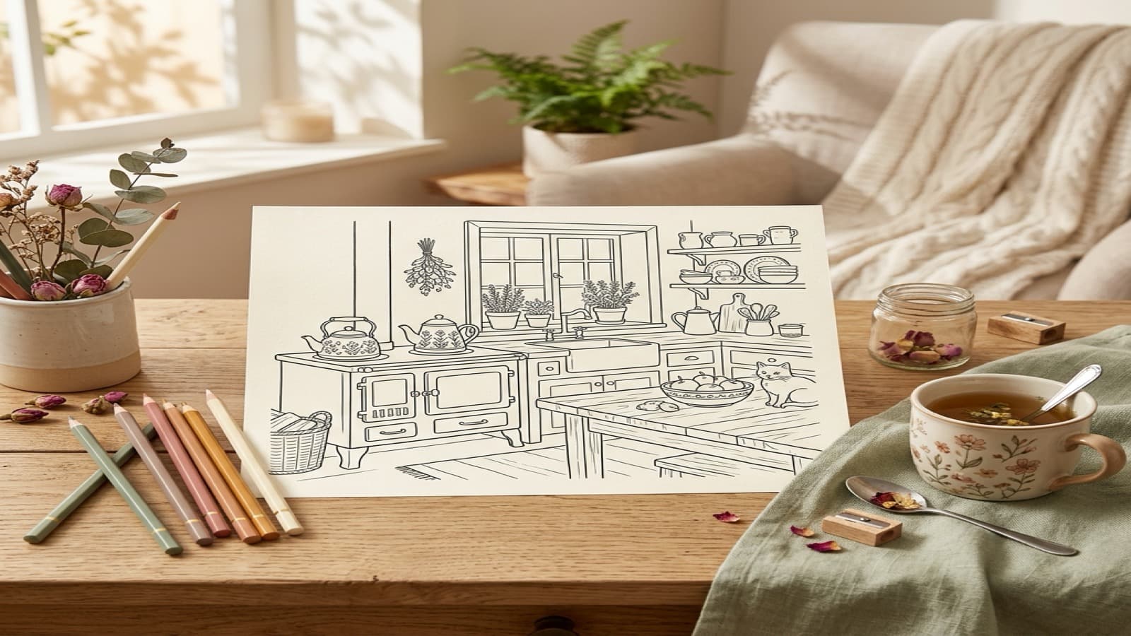 Best Coloring Books for Adults Who Like Cozy Kitchens cozy coloring setup