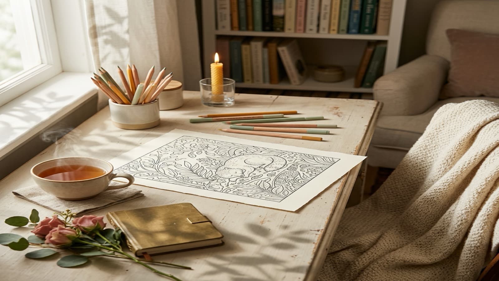 Best Coloring Books for Adults Who Want a Cozy Night In cozy coloring setup