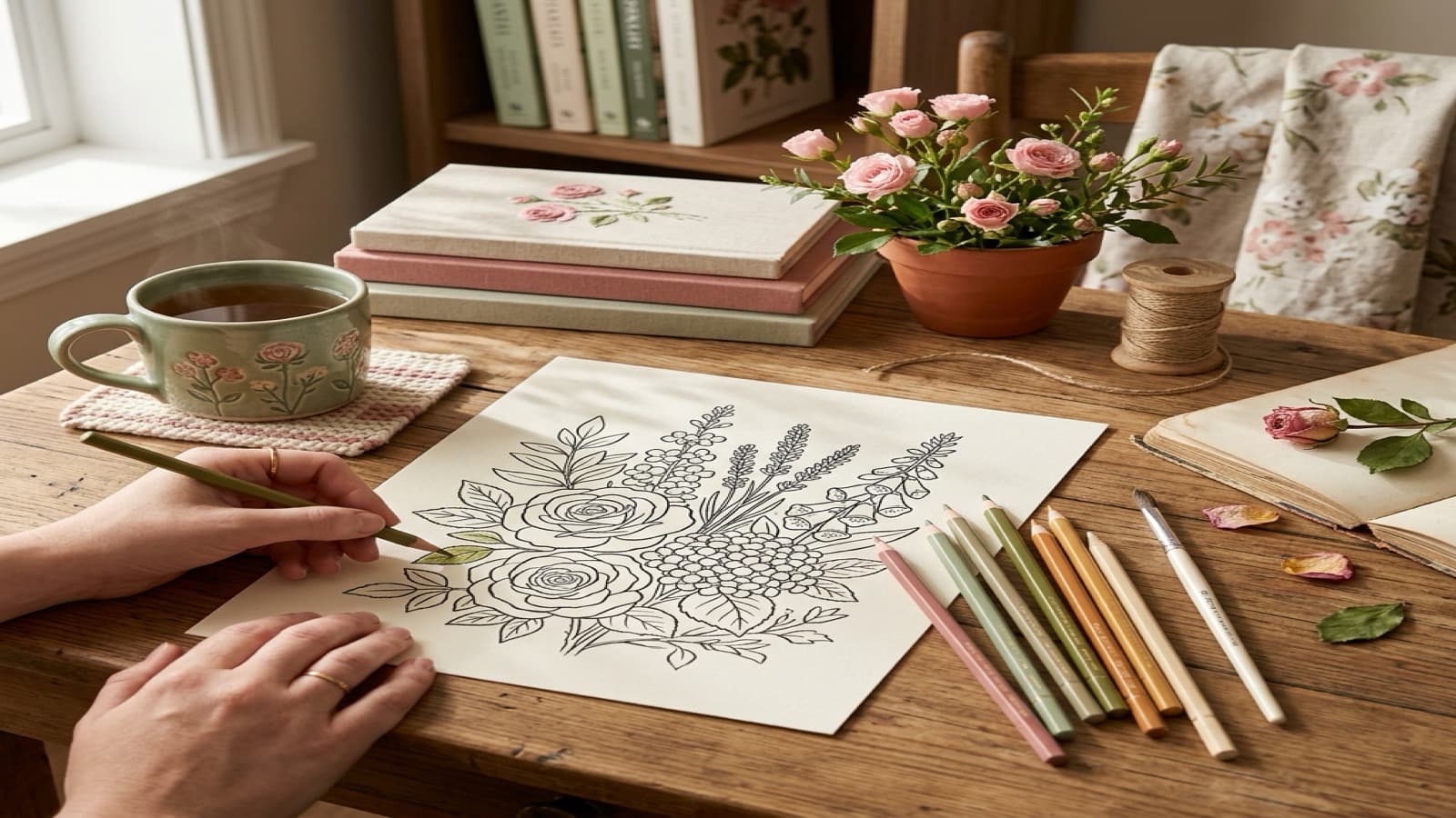 Best Coloring Books for Garden and Flower Lovers cozy coloring setup