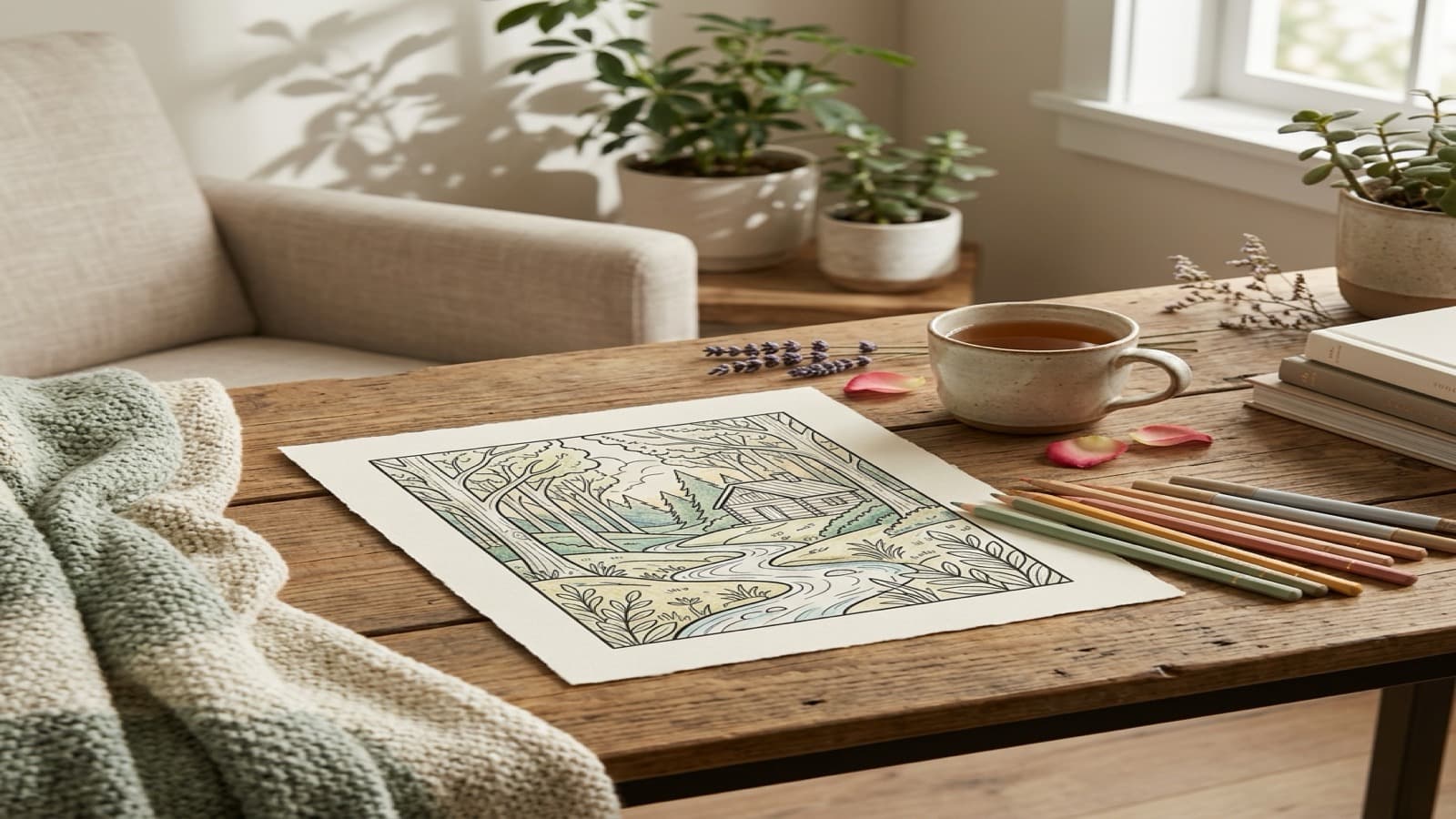 Cozy coloring setup for beginners with an open coloring book and pencils