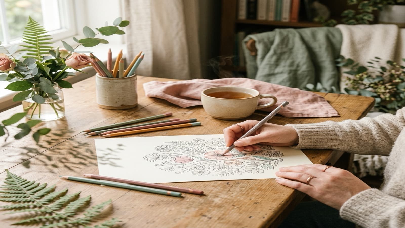Coloring Books for Adults Who Need Gentle Creative Rest cozy coloring setup