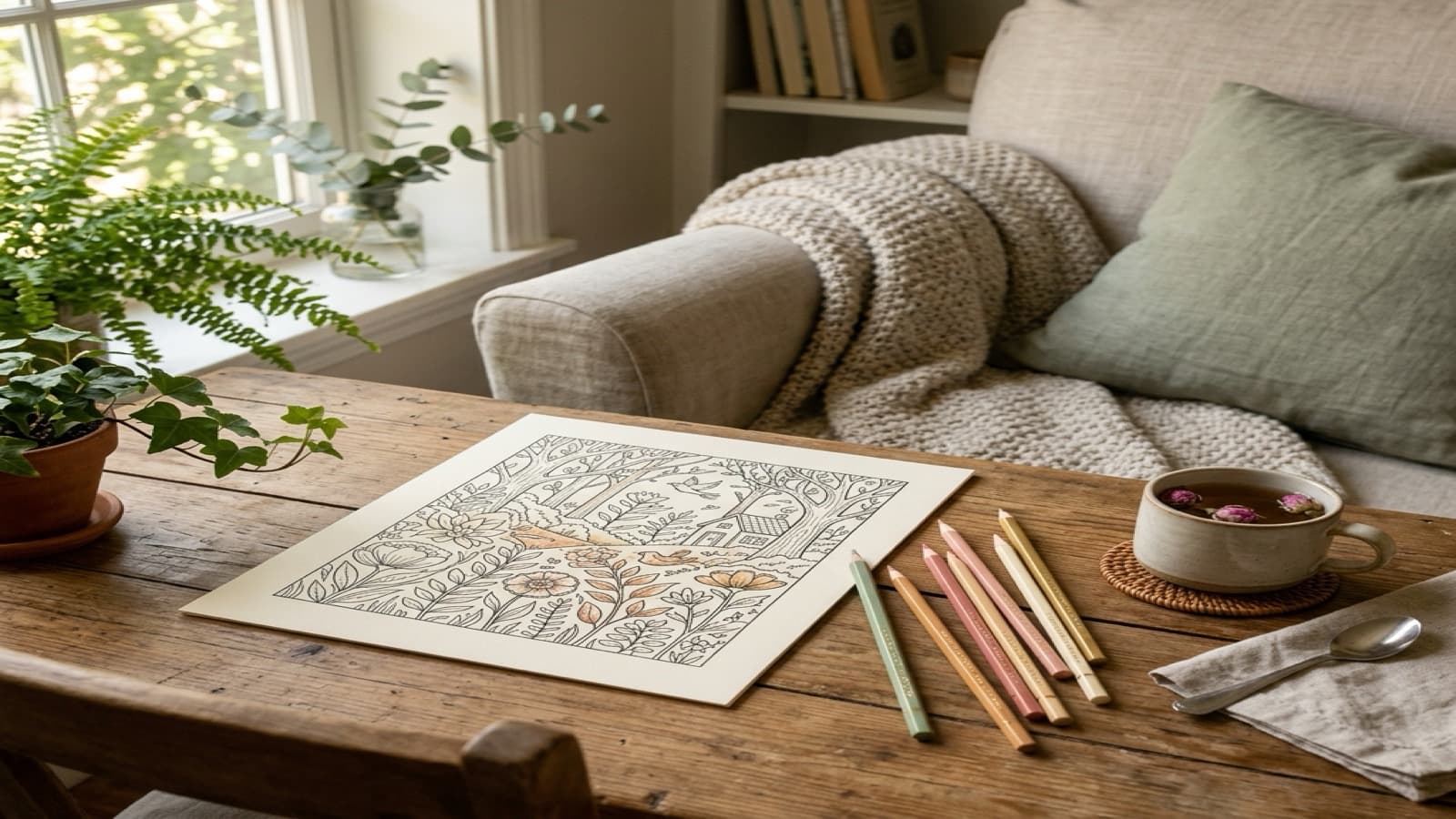 Coloring Books for Quiet Time at Home cozy coloring setup