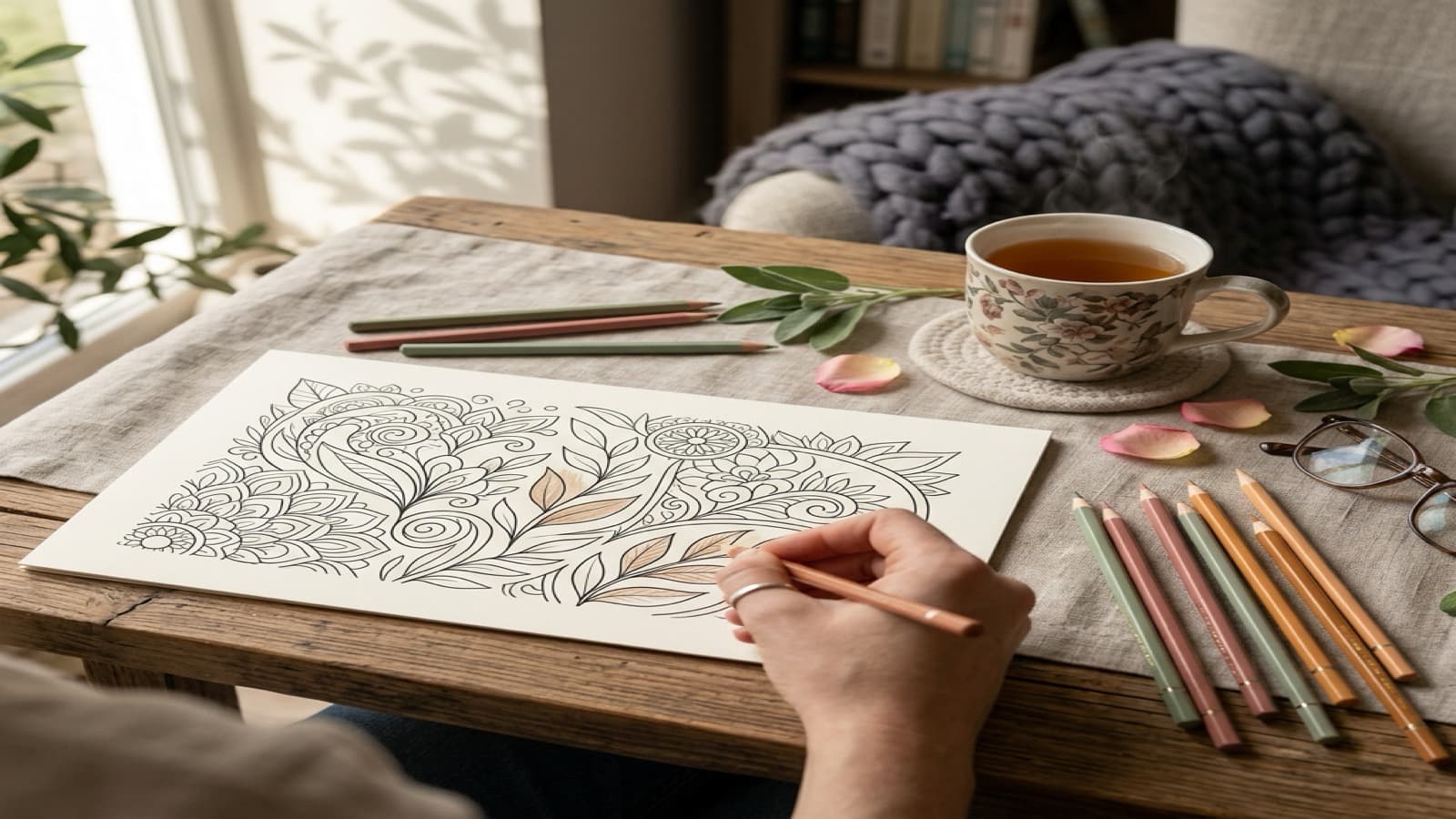 How Adult Coloring Can Help You Unwind After Work cozy coloring setup