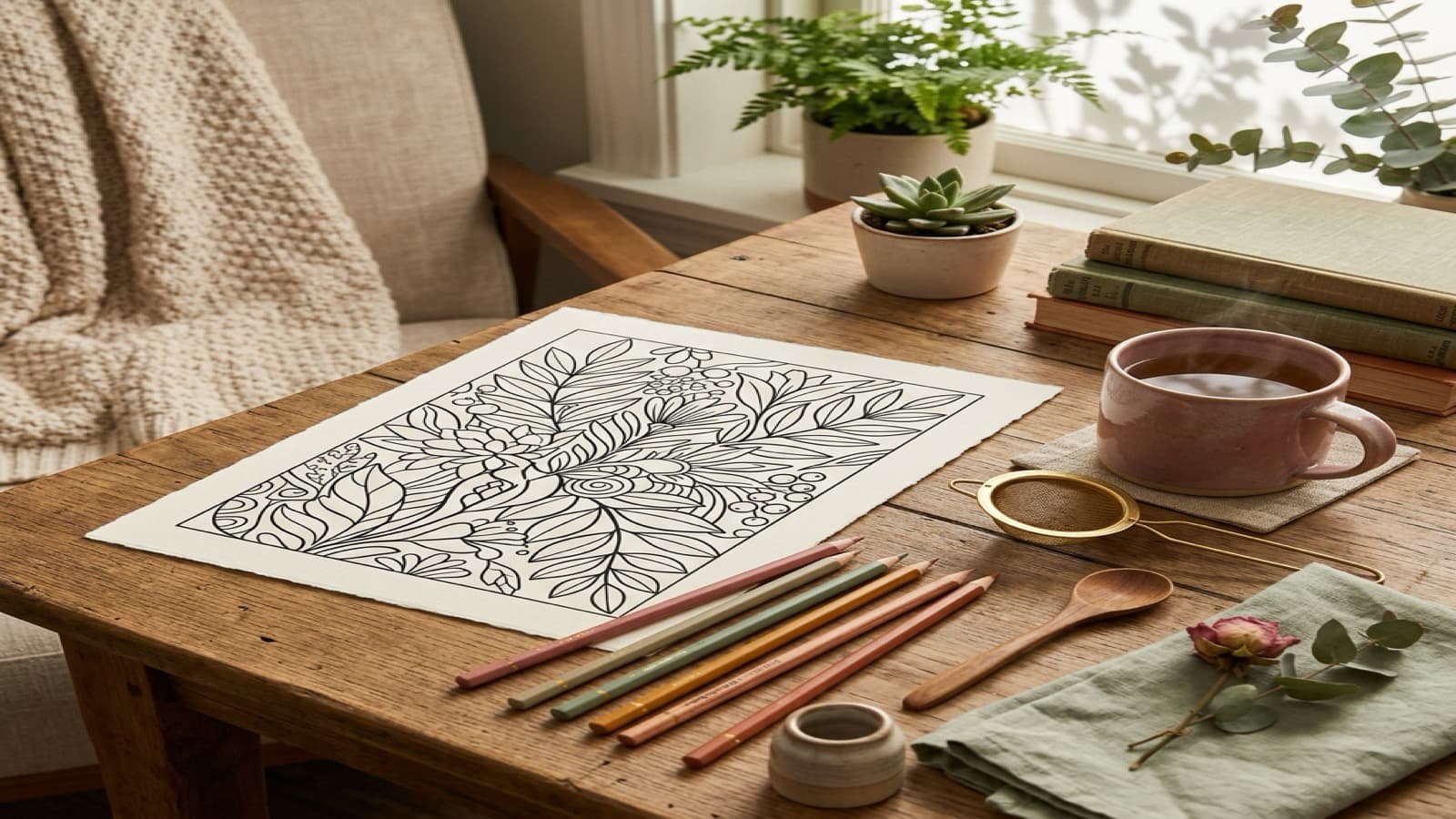 How to Pick a Coloring Book for Relaxation cozy coloring setup