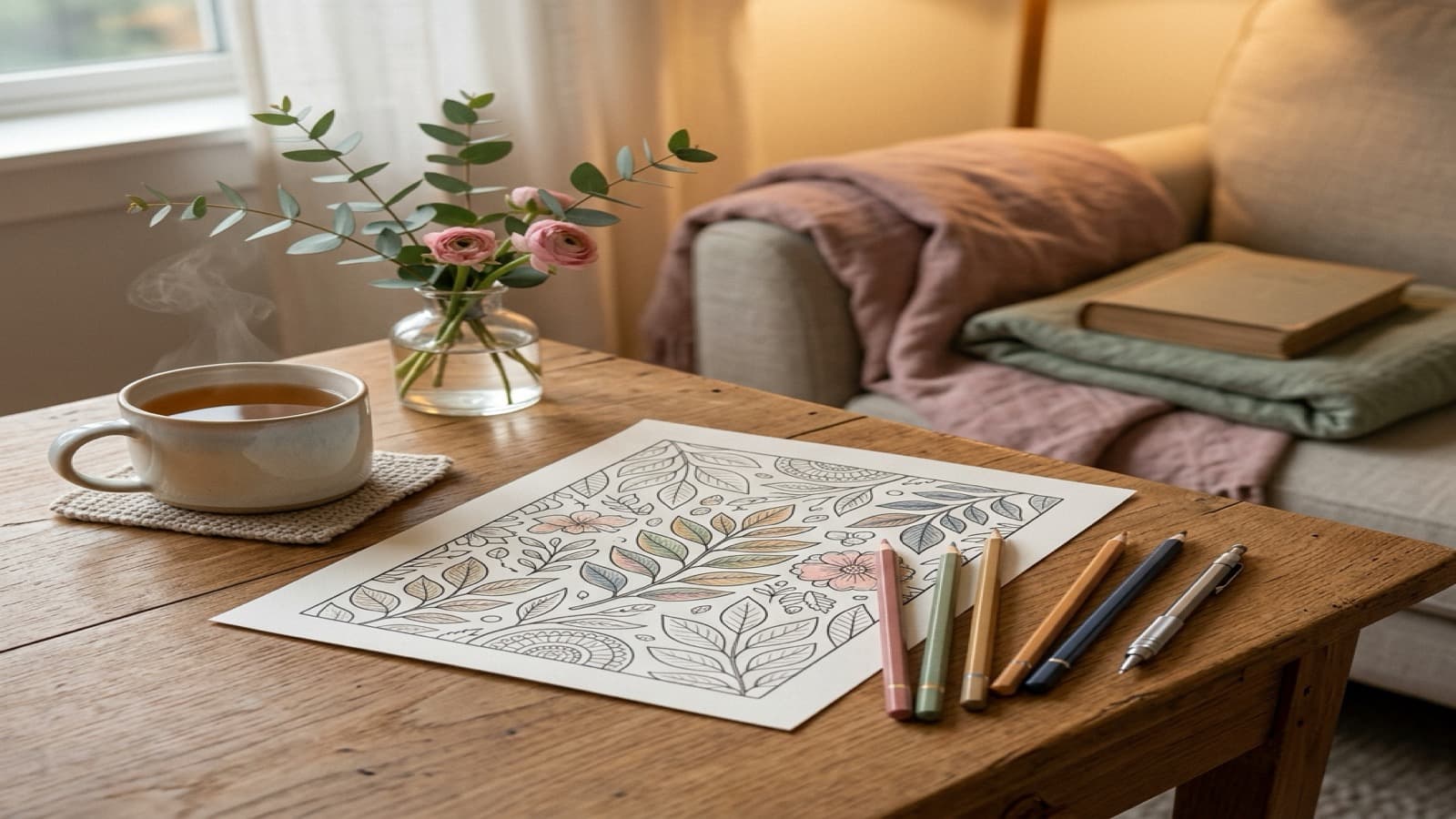 Mindful Coloring for Beginners: A Simple Evening Routine cozy coloring setup